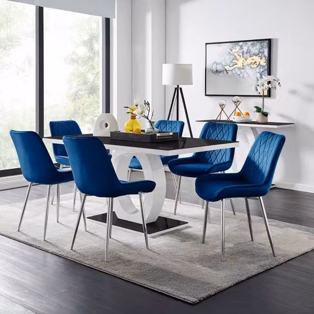 FurnitureboxUK Giovani Rectangular 6 Seat Dining Set with Black Glass Top White High Gloss Halo Base Table and 6 Silver Leg Pesaro Soft Velvet Chairs – 1