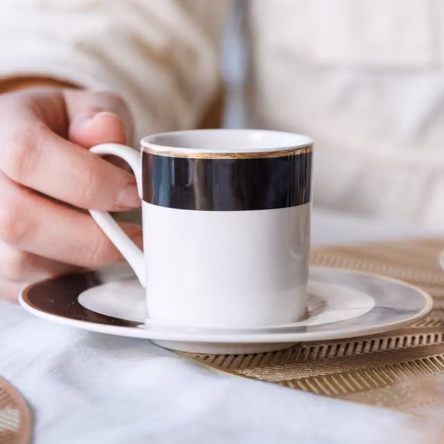 Mikasa Bone China Striped Espresso Cup and Saucer Set, 100ml, Black, White and Gold