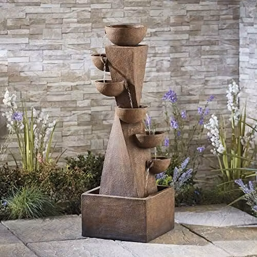 Serenity 6-Tier Cascade Bowl Tower Water Feature in Grey and Brown, Height: 107.5 cm – 2