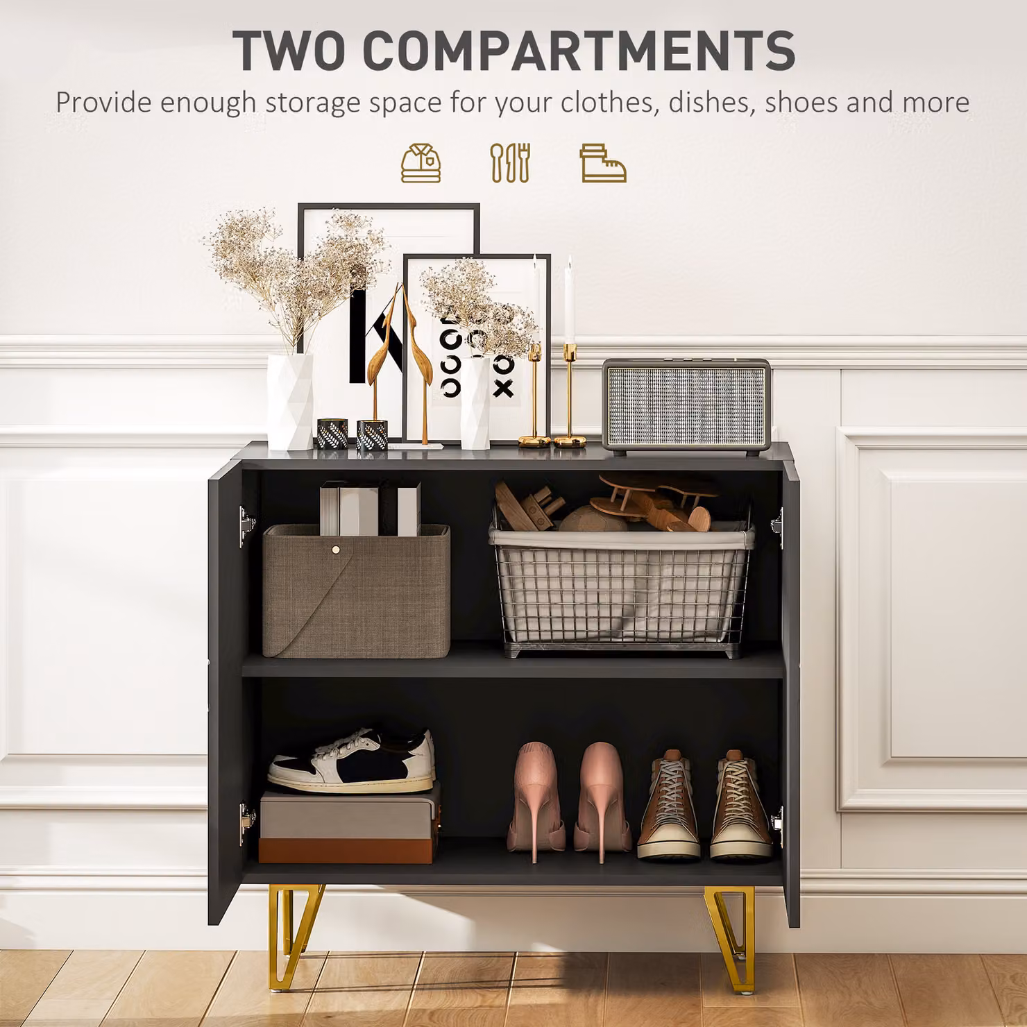 HOMCOM Modern Luxe High Gloss Sideboard in Black with Gold Hairpin Legs – 3