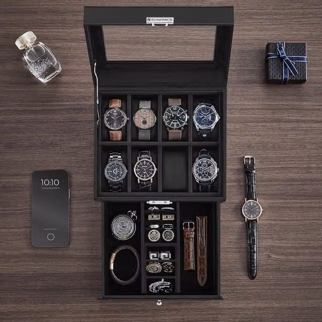 The Bazaarist Lockable Double Deck Watch Box with Drawer in Black Synthetic Leather