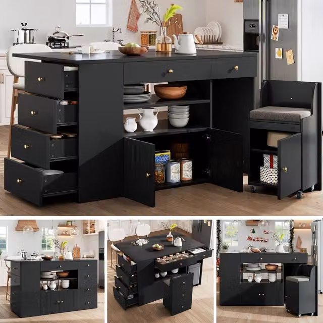 Rolipo Kitchen Island with Stools and 6 Drawers, White/Black/Gold, Width: 140 cm – 1