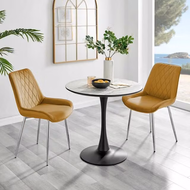 FurnitureboxUK Elina White Marble Effect Round Dining Table and 2 Pesaro Silver Chairs in Mustard Yellow