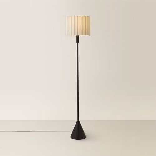 ValueLights Mitch Single Stem Triangle Floor Lamp in Black and Wood with White Fabric Cylinder Shade, H: 132 cm, W: 55 cm, D: 55 cm