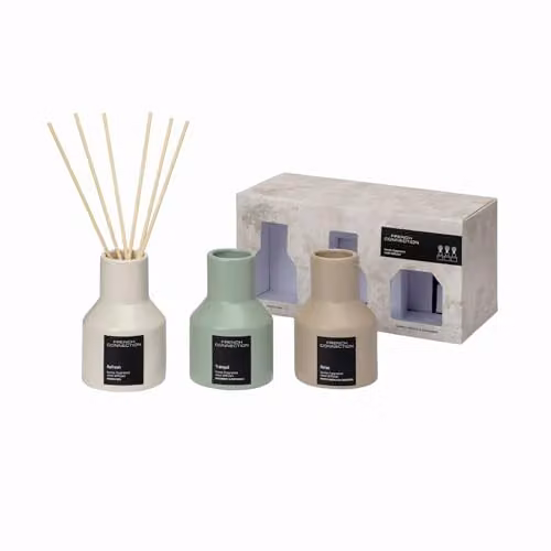 French Connection Stone Collection Scented Reed Diffuser 130ml and Trio Gift Set with Warm Vanilla & Cashmere, Wildberry & Patchouli, and Iris & Orange Blossom