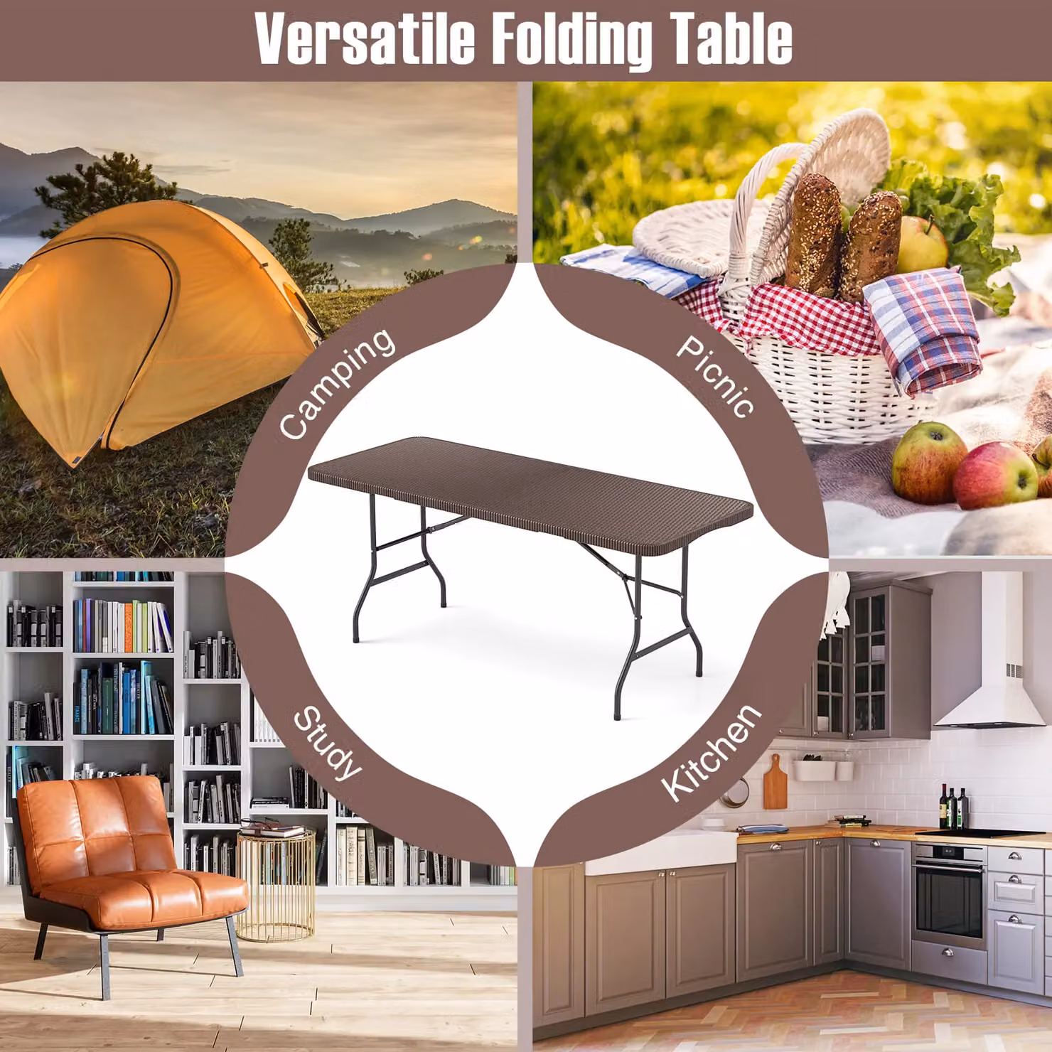 Costway Brown Portable Folding Dining and Camping Table, W: 180 cm, D: 74 cm, H: 74 cm – 3