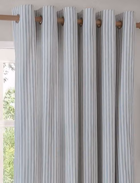 YARD Hebden Blue Mix Striped Pure Cotton Opaque Eyelet Curtains W: 168 cm, H: 137 cm