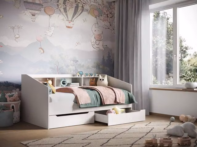 Flair Leni Day Bed in White and Grey with Oak Solid Wood Drawers, W/D/H: 200 x 90 x 76.5 cm – 1