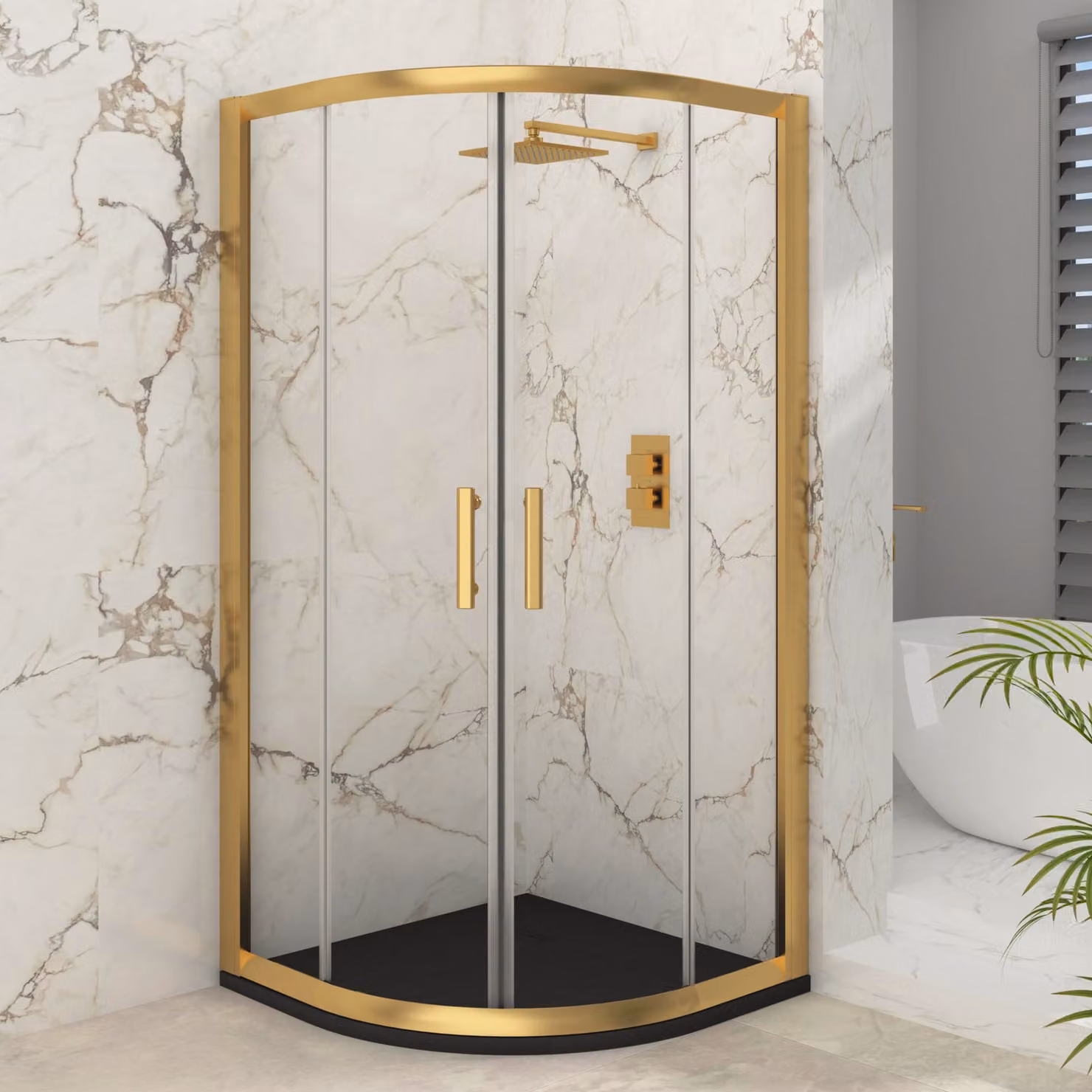 Royal Bathrooms Venice Quadrant Shower Enclosure with Black Mineral Cast Stone Tray, Brushed Brass and Gold, 6mm Double Sliding Door, W: 185.0 cm