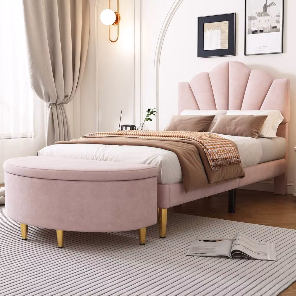 Rolipo Pink Velvet Storage Bench with Metal Legs W: 90 cm, H: 42 cm, D: 40 cm – 2
