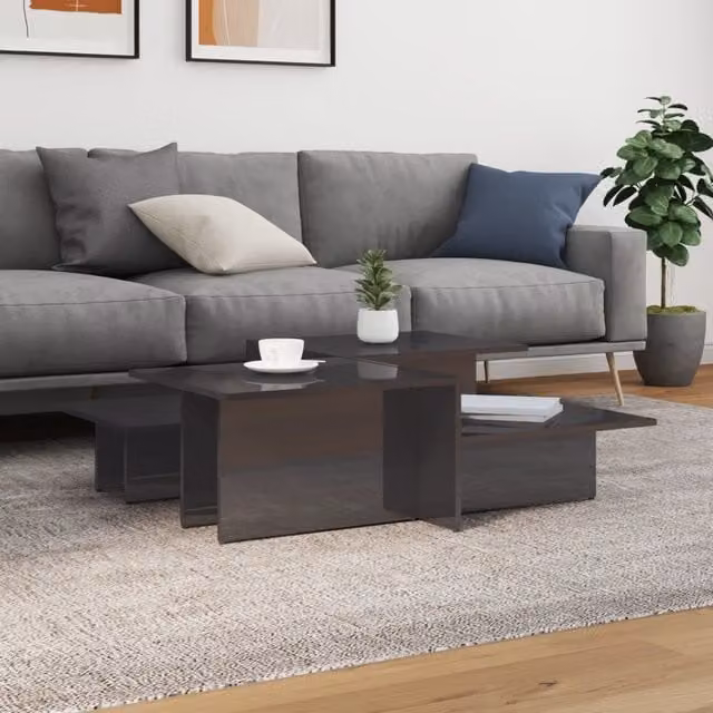 Berkfield Home Set of 2 Modern Grey High Gloss Coffee Tables with Nested Tops – 1