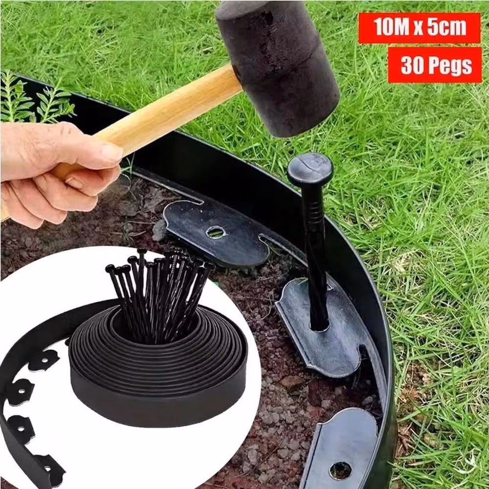 VOGREX Black Garden Border Edging for Grass Lawns and Paths with Plastic Pegs – 4