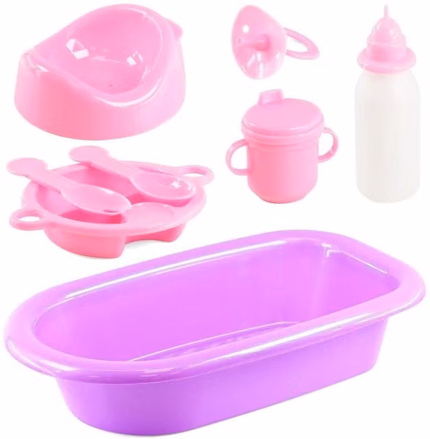 Geezy 8 Piece Baby Doll Bath and Feeding Playset in Pink and Purple