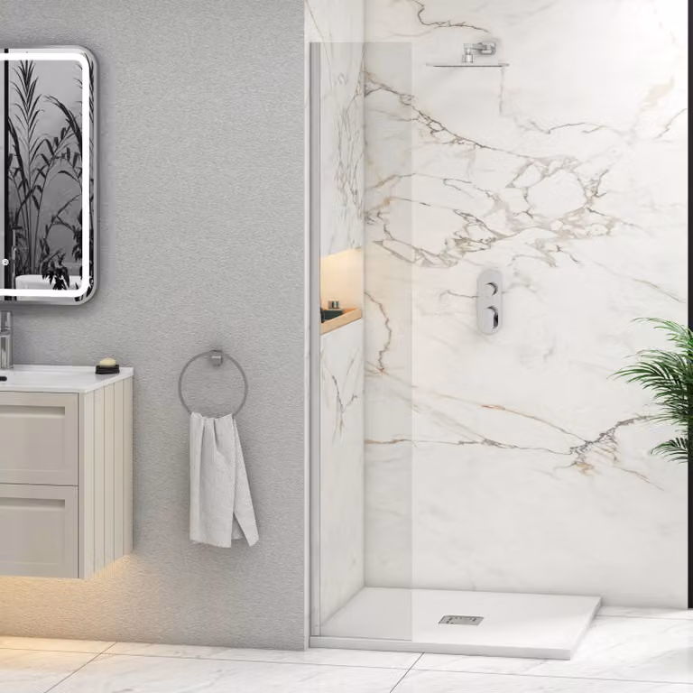 Royal Bathrooms Marbella 8mm Walk In Wet Room Shower Screen, Clear Easy Clean Glass, W: 30 cm, H: 185 cm, D: 3 cm