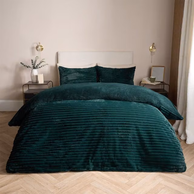 OHS Ribbed Faux Fur Duvet Cover and Bedding Set in Green, W: 140 cm, H: 200 cm – 1