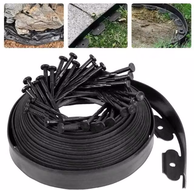 VOGREX Black Garden Border Edging for Grass Lawns and Paths with Plastic Pegs