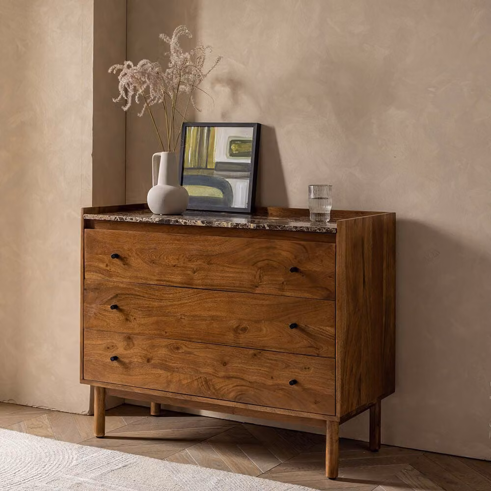 Atkin and Thyme Brera Mid-Century Acacia Wood and Marble Chest of Drawers in Brown