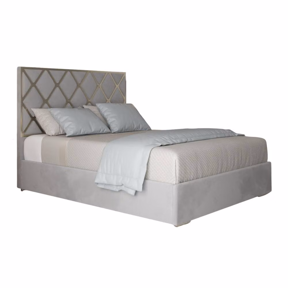 KDMD Tredington Double Bed Frame with Grey Velvet Upholstery and Metal Geometric Design, W/D/H: 140 x 200 cm – 2