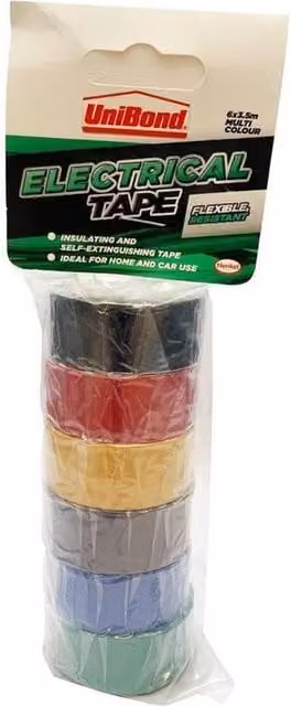 UniBond Multicolour Insulation Electrical Tape, 6 Colour Pack, Width: 19 mm, Length: 3.5 m – 1