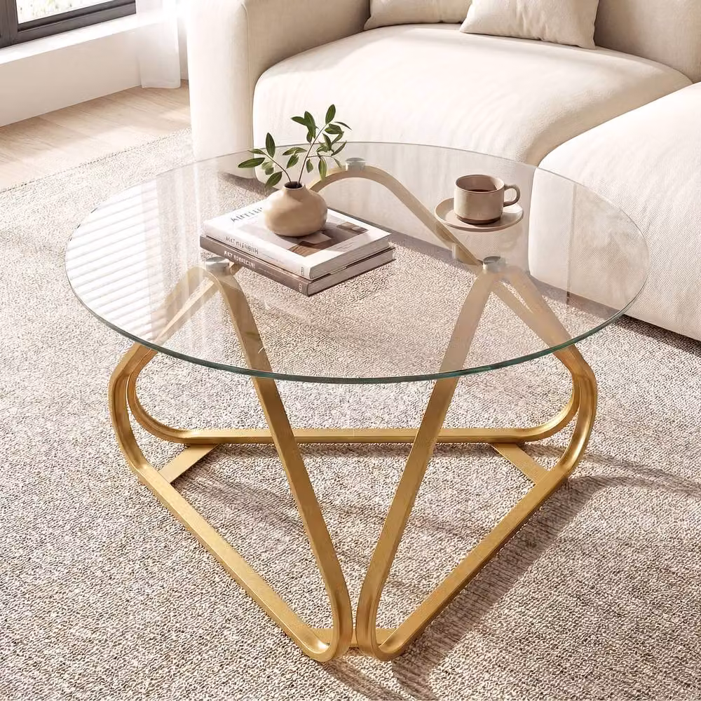 Costway Round Tempered Glass Coffee Table with Gold Metal Frame, Diameter: 80 cm, Height: 45 cm – 2