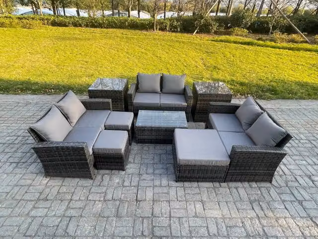 Fimous 9-Piece U-Shape Rattan Garden Furniture Set in Dark Grey with Upholstered Cushions, 2 Side Tables and 3 Footstools