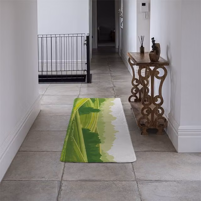 Benjamin Tate Design LTD Countryside Landscape Illustration Designer Runner Rug, Green, Non-Slip Faux Fur