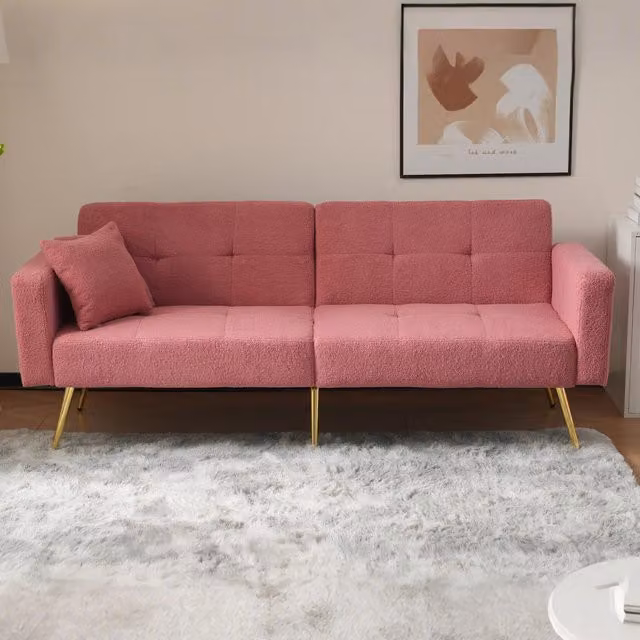 Aosom.UK Pink Sherpa Fabric Convertible Sofa Bed with Adjustable Backrest, Side Pockets and Golden Legs, W/D/H: 176 x 64 x 75 cm – 1