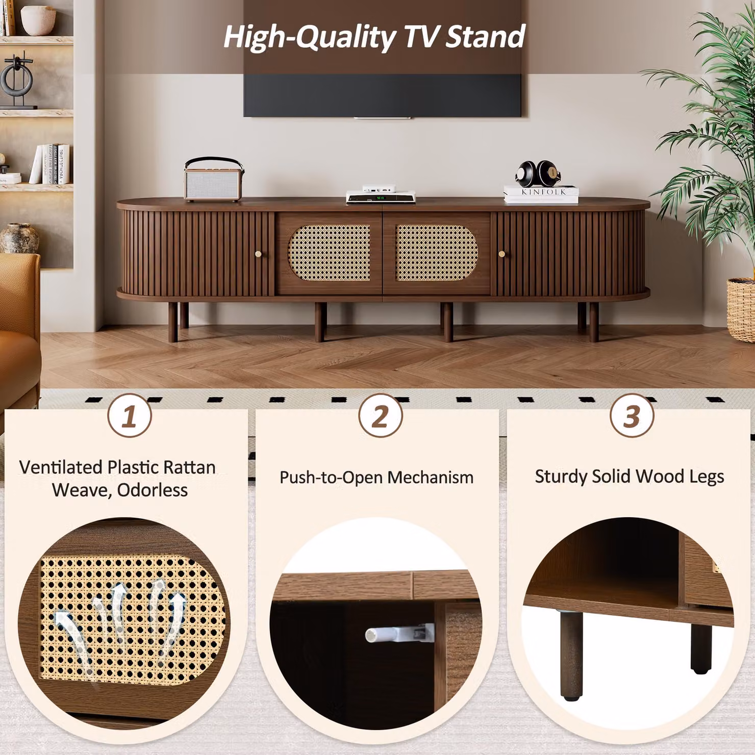 Aosom UK Stylish Oval TV Cabinet with Rattan-Style Fronts in Walnut, W: 180 cm, D: 40 cm, H: 40 cm – 4
