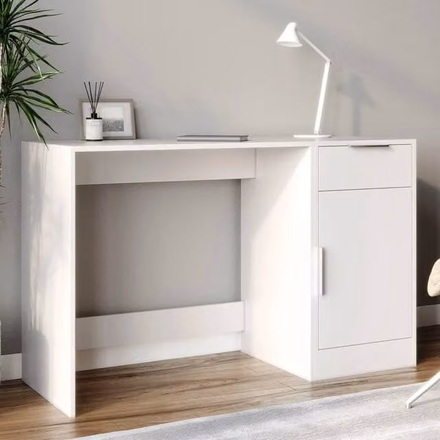 ERGOVEXA Compact White PC Storage Desk and 1 Door 1 Drawer Cabinet Workstation Combo