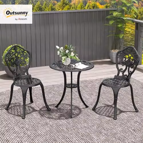 Outsunny 3 Piece Cast Aluminium Garden Bistro Set with Parasol Hole in Black – 2