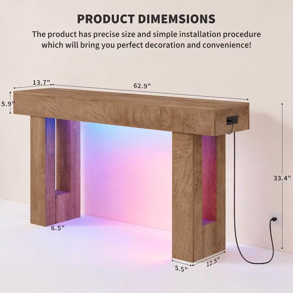 London Boutique Modern Console Table with 6-Colour LED Lights and Charging Station in Natural Sand and Brown – 2