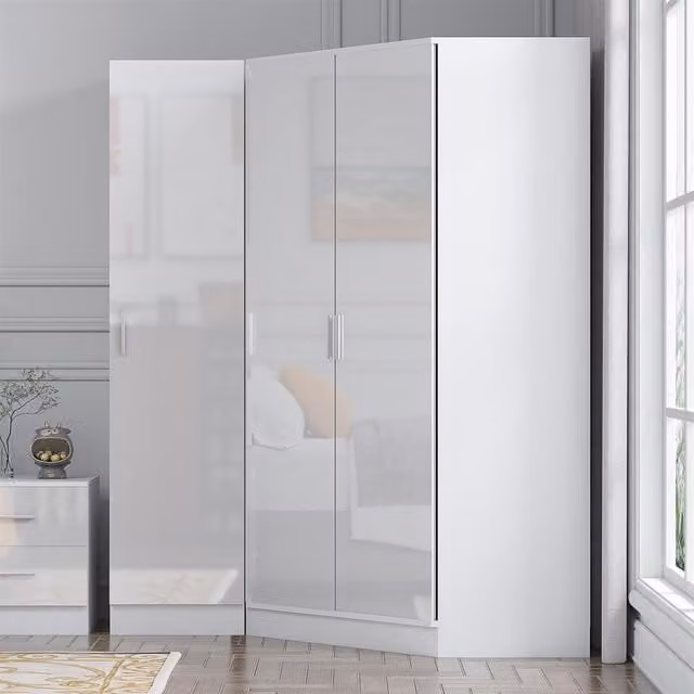 REFLECT Wardrobe Bundle featuring a 2 Door Corner and 1 Door unit in White Gloss and Matt White