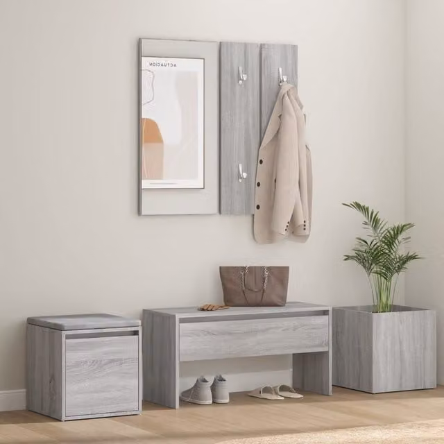 Berkfield Home Modern Grey Sonoma Hallway Furniture Set with Bench, Mirror and Wall Rack – 1