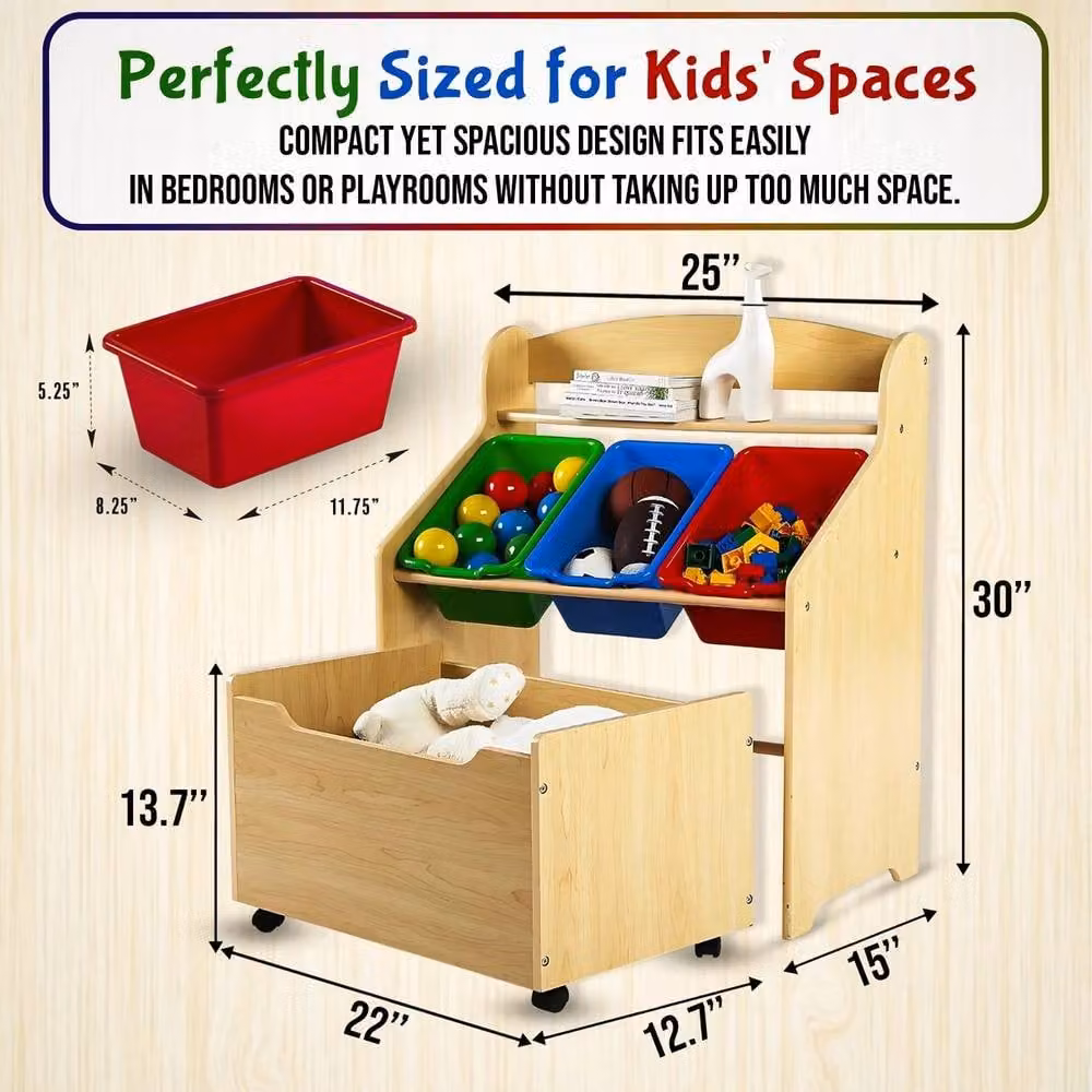 Hygrad Wood Childrens Toy and Book Storage Organiser Bins in Light Oak – 2