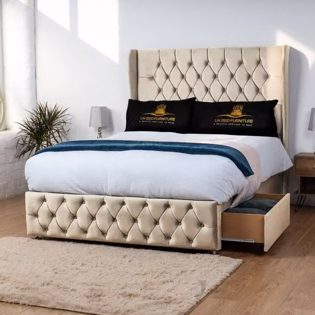 Luxor Living Luxor Wingback Divan Bed with 54 Inch Headboard and 2 Foot End Drawers in Beige Velvet Fabric, Size: 140 x 200 cm