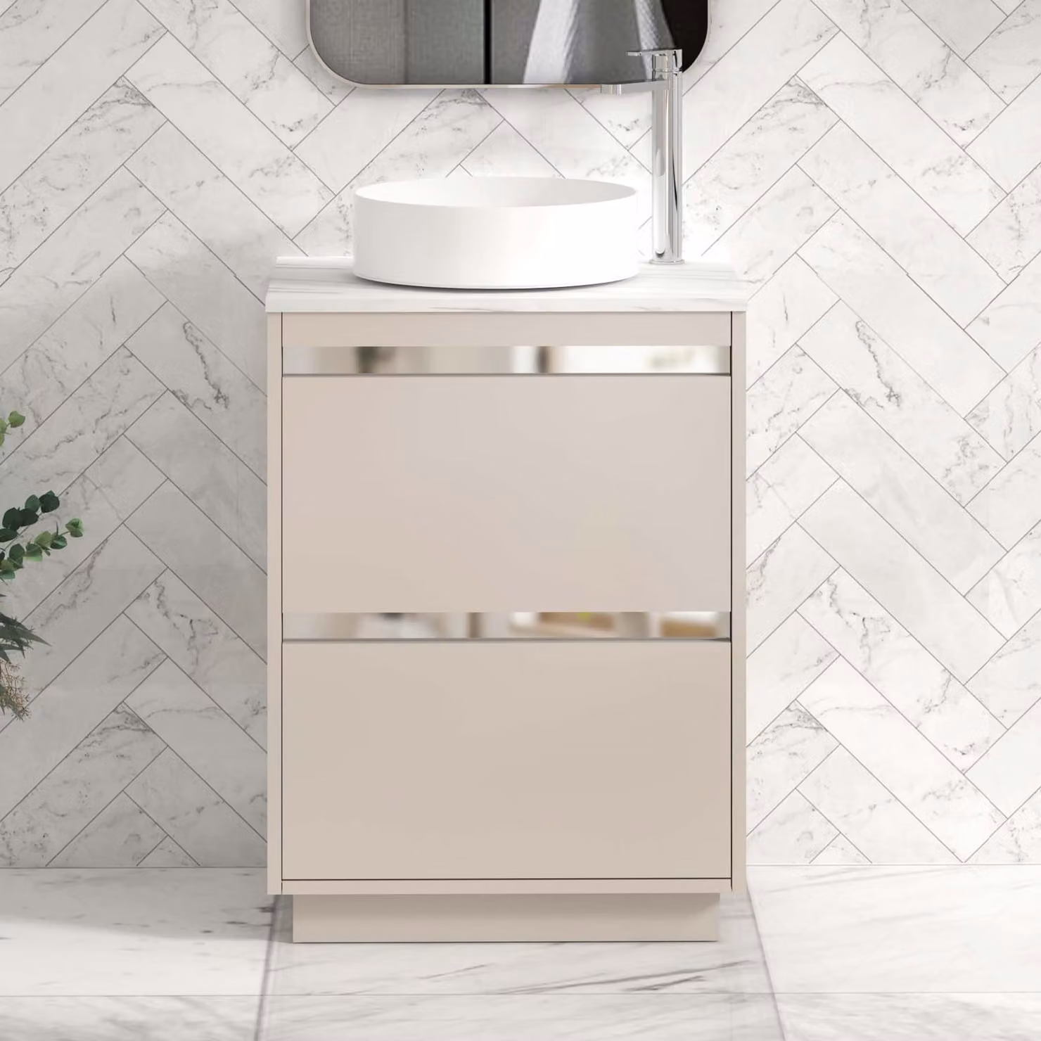 Royal Bathrooms Orion 600mm Warm Taupe Floor Standing 2 Drawer Vanity Unit with Carrara White Undrilled Worktop and Chrome Accent Trim