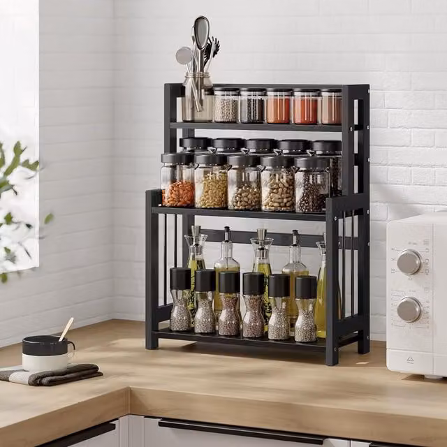 SONGMICS Premium 3 Tier Bamboo Countertop Storage Organiser in Black – 1