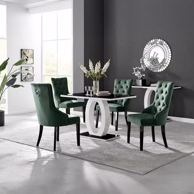 Giovani Green Rectangular Glass Dining Table with 4 Black Belgravia Velvet Chairs