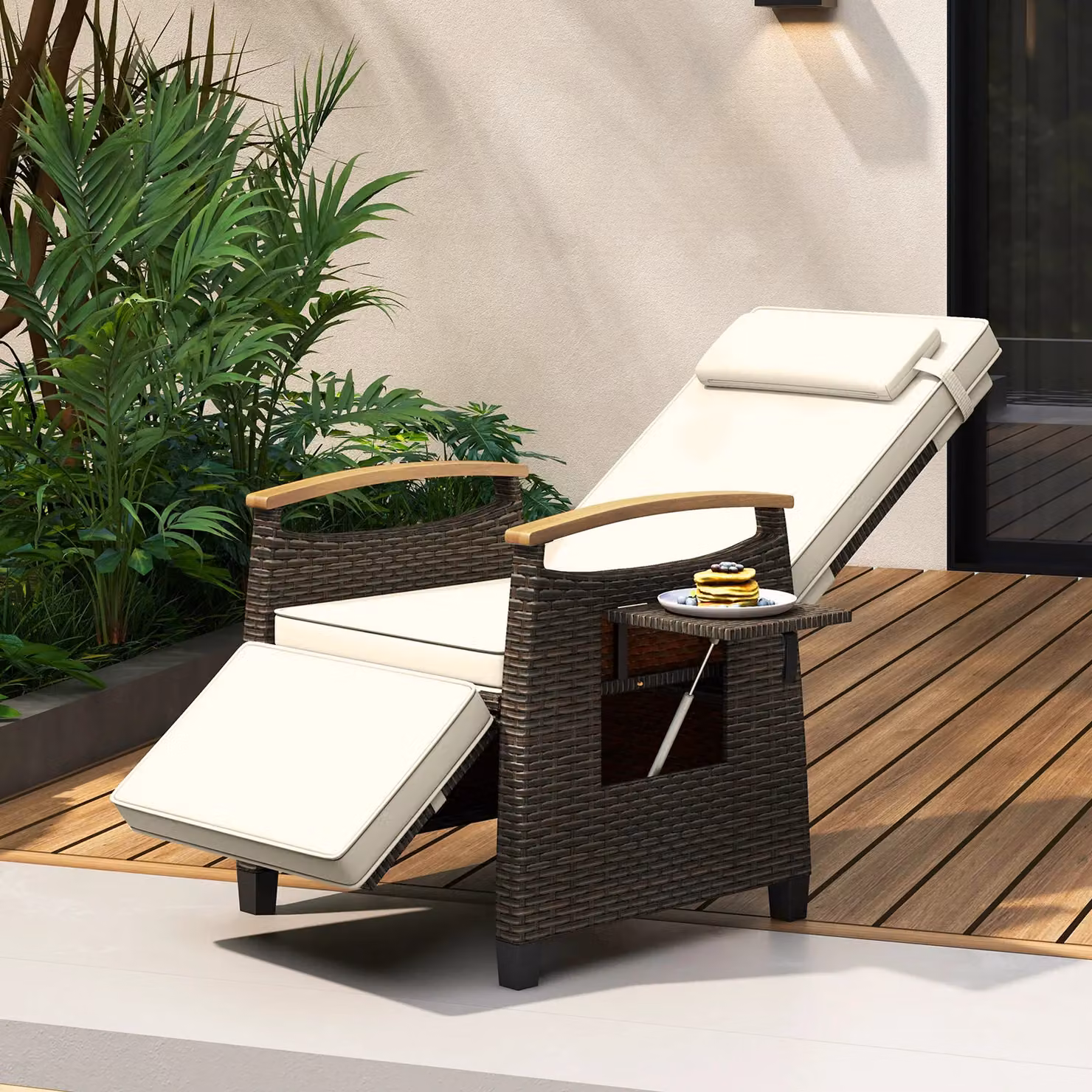 Costway White Rattan Patio Recliner Chair with Adjustable Backrest and Acacia Wood Frame – 2