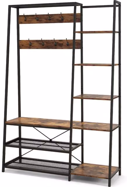 Costway Industrial Hall Tree with Bench and Coat Stand in Black and Brown