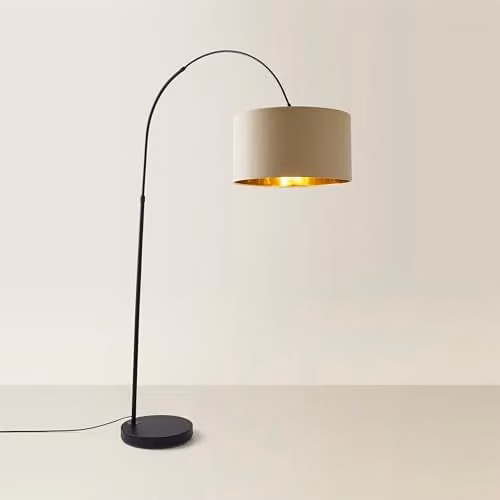 ValueLights Louis Black Metal Arched Floor Lamp with Beige and Gold Fabric Drum Shade