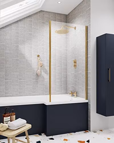 nuie NSBS28 Pacific Modern L-Shaped Square Shower Bath Screen with Fixed Return, 6mm Toughened Safety Glass, Gold, W: 143.5 cm, D: 80.5 cm – 2
