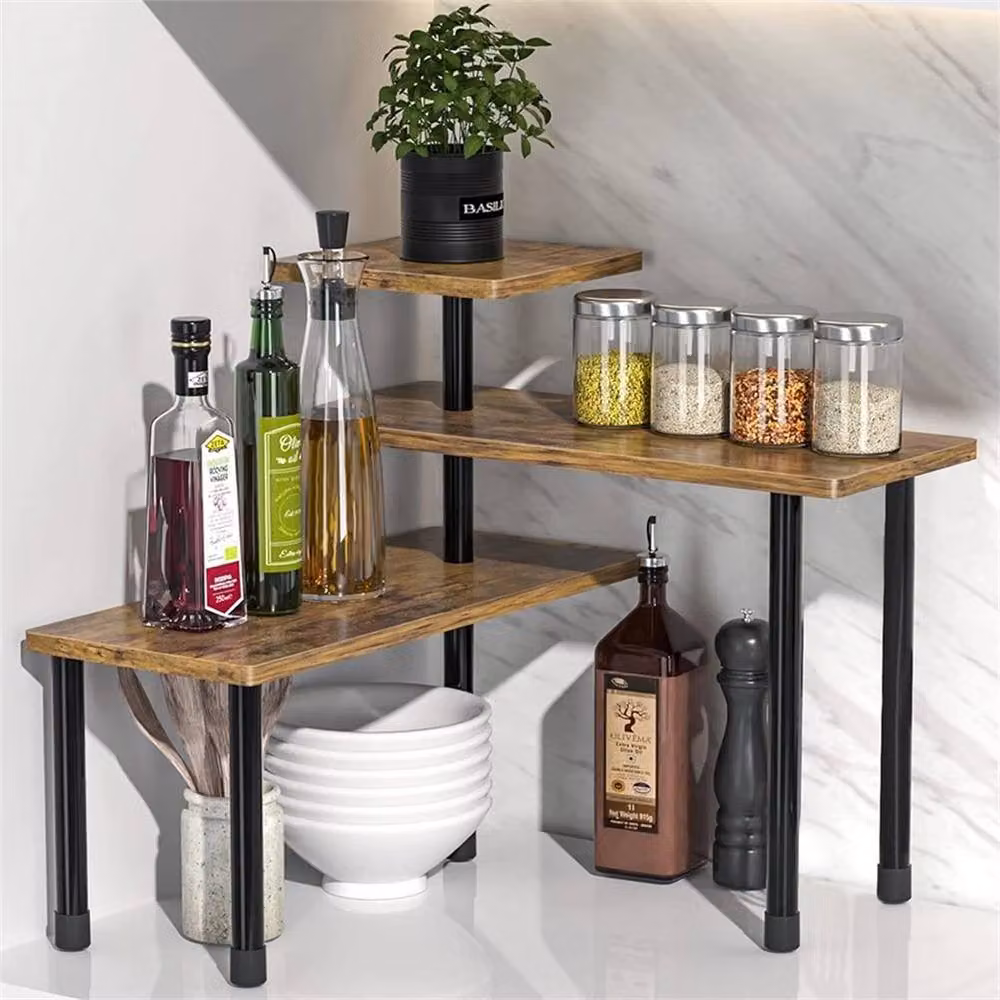 VOGREX 3-Tier Wooden Kitchen Corner Shelf Countertop Organizer Rack in Brown – 5