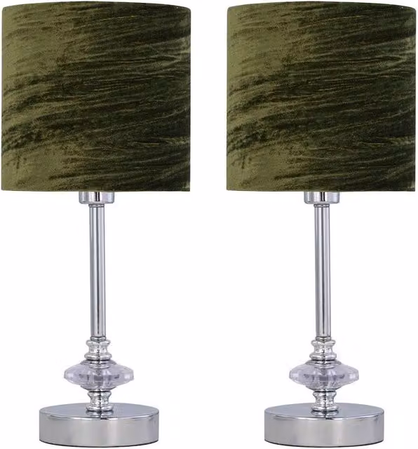 First Choice Lighting Set of 2 Chrome Jewelled Table Lamps with Green Crushed Velvet Shades – 1