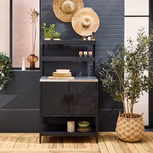 sweeek Stainless Steel Outdoor Kitchen Storage Module in Black with 2 Hanging Shelves and 2 Hinged Doors, W/D/H: 80 x 51 x 142 cm