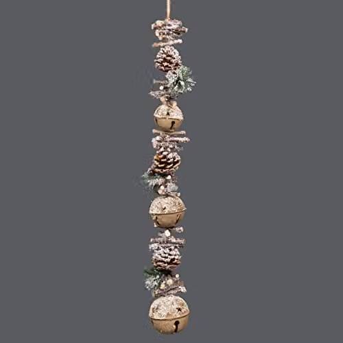 Shatchi 90cm Christmas Hanging Decoration with Cream Jingle Bells, Wooden Sticks, Berries and Pinecones in Gold, Brown and Beige – 2