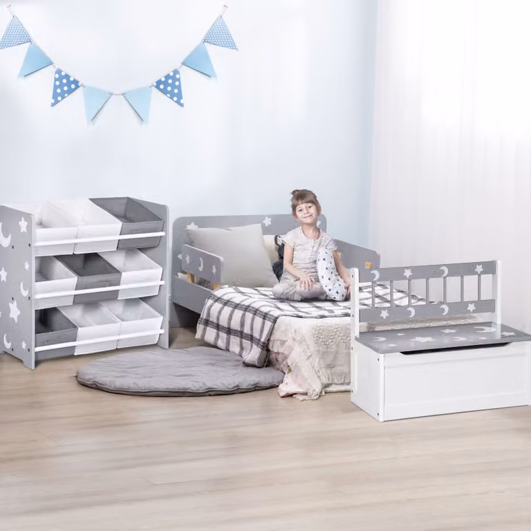 ZONEKIZ 3-Piece Kids Bedroom Furniture Set in Grey with Bed, Toy Box Bench and Storage Unit with Baskets