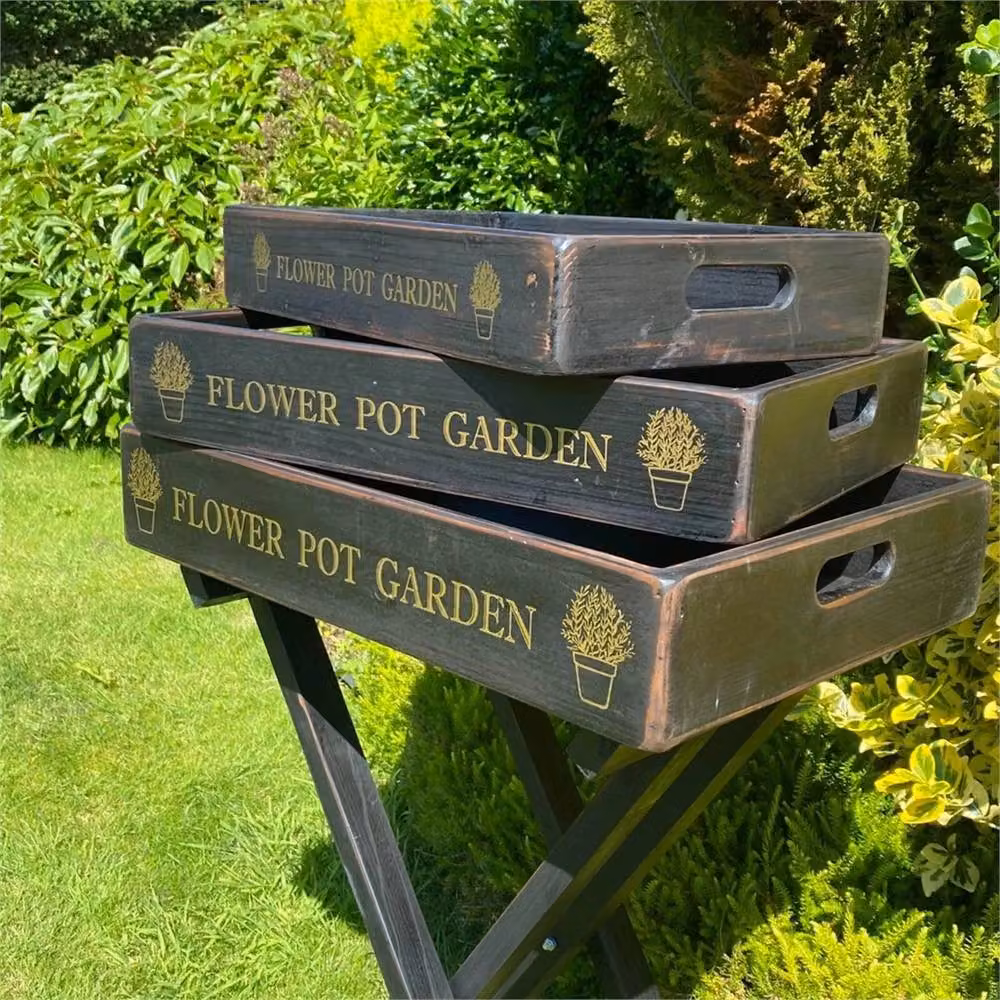 Nordara Foldable Vintage Serving Stand with 3 Black Wooden Trays – 3