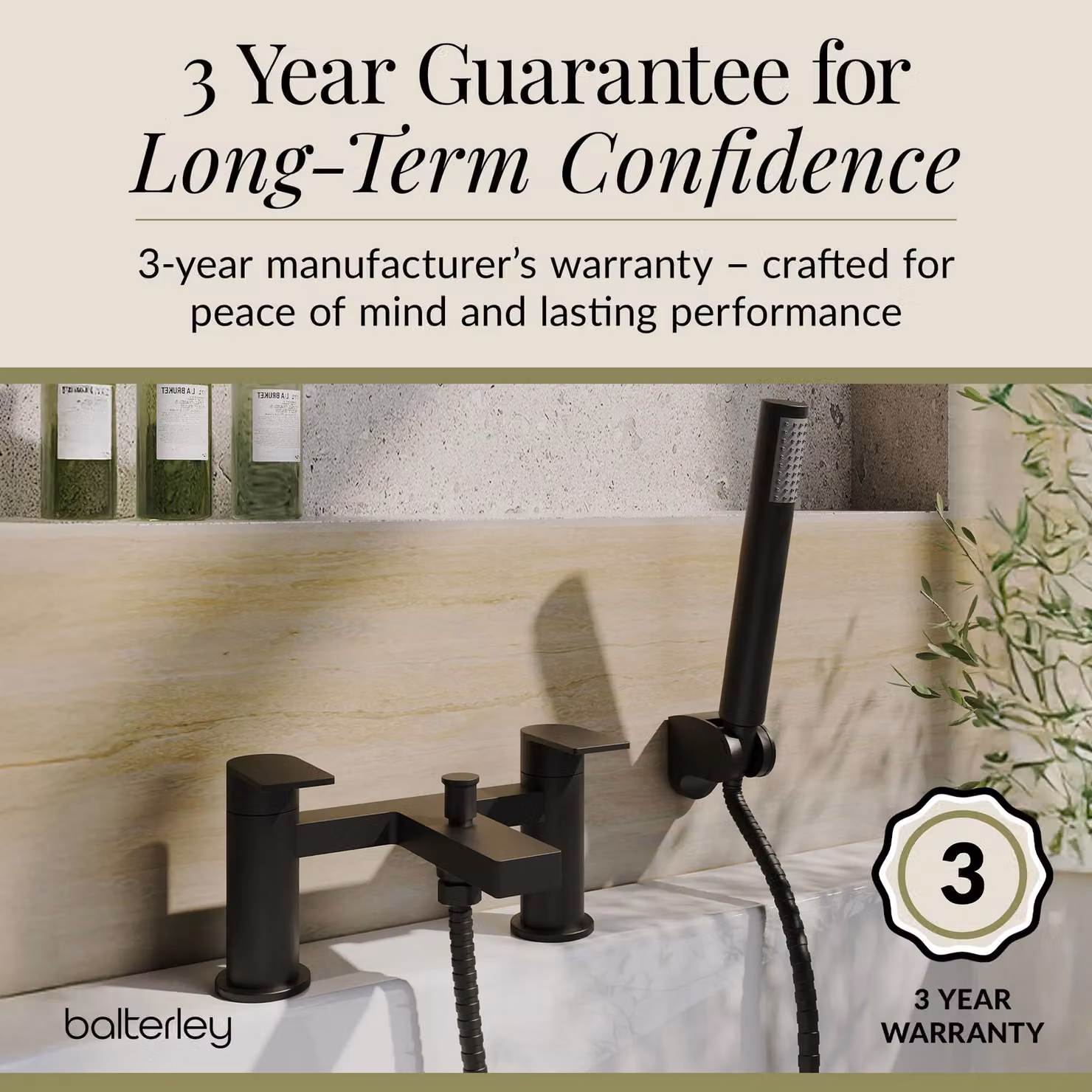 Balterley Contemporary Bath Shower Mixer Tap with Shower Kit in Matt Black – 4