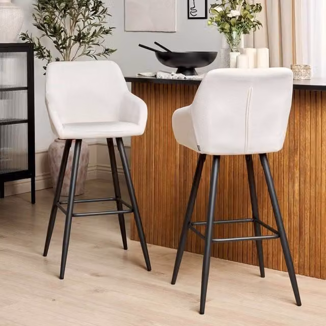 Wyld and Coco Set of 2 Velvet Bar Stools with Armrests in Off-White and Black Metal Legs